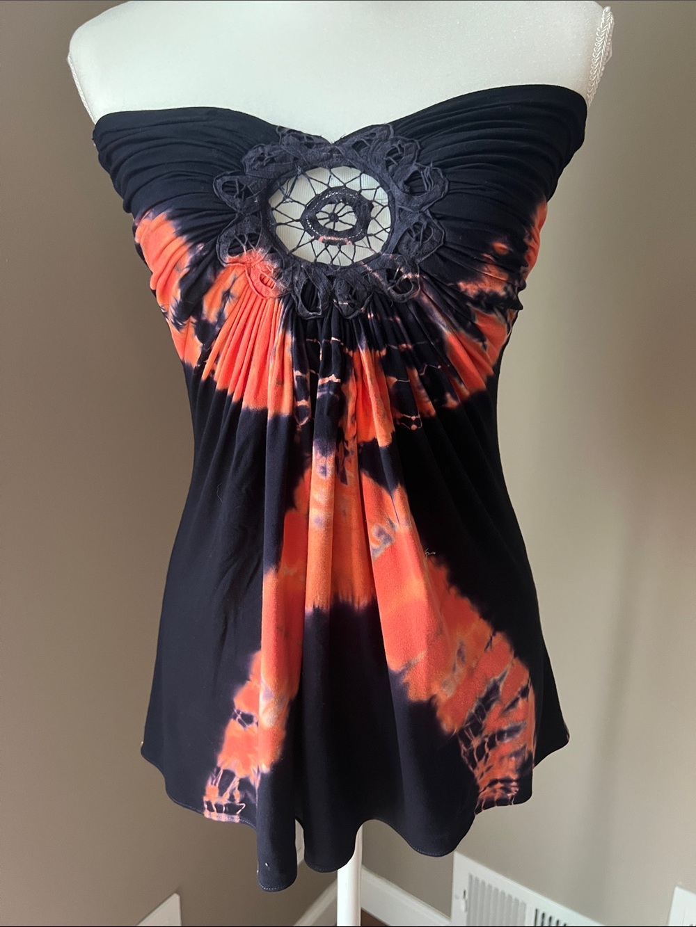 Sky Navy Blue & Orange Tie-Dye Strapless Camisole with Lace Medallion